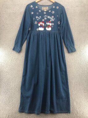 Tantrum Blues Dress Womens Medium Vintage Blue Cotton Denim Holiday Embroidery